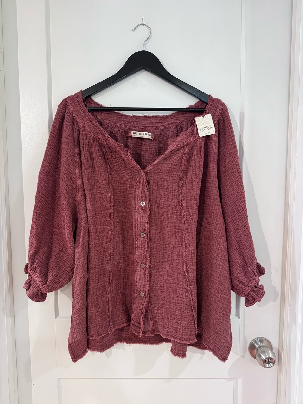 Free People Henley Cotton Short Sleeve Blouse in Burgundy - Size Large NWT